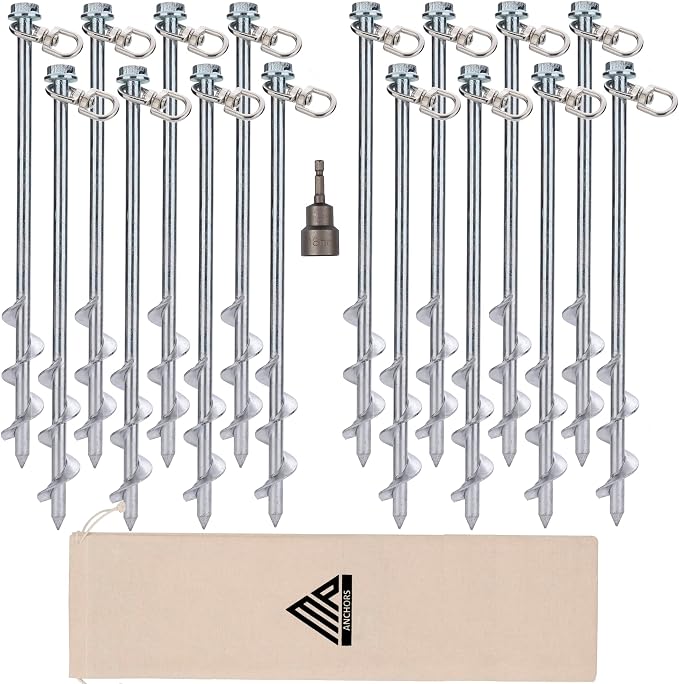 Ground Anchors Screw in - 12" Set of 16 with Drill Bit - Earth Anchors - Ground Stakes Heavy Duty - Mobile Home Anchors - Shed Anchor Kit - Swing Set Anchors - Tree Stakes - Awning Canopy Anchor