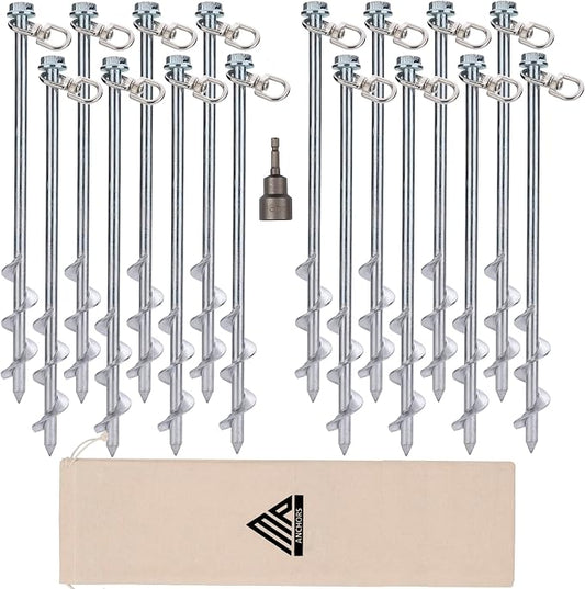 Ground Anchors Screw in - 12" Set of 16 with Drill Bit - Earth Anchors - Ground Stakes Heavy Duty - Mobile Home Anchors - Shed Anchor Kit - Swing Set Anchors - Tree Stakes - Awning Canopy Anchor