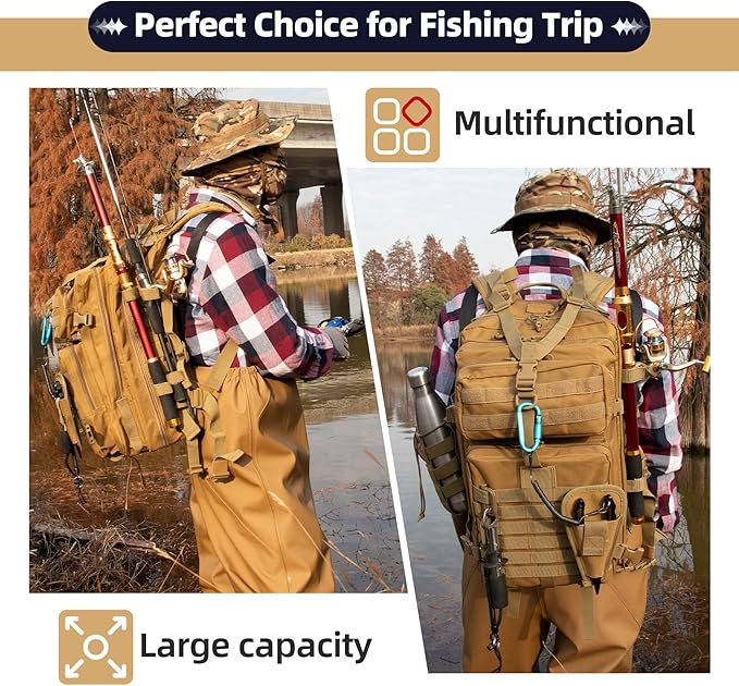 TBNBO 45l Large Fishing Tackle Backpack with Removable Plier Holder & Rod Holders, Khaki Tactical Bag, Fishing Gear and Tackle Box Organizer, Hiking Rucksack without Tackle Box