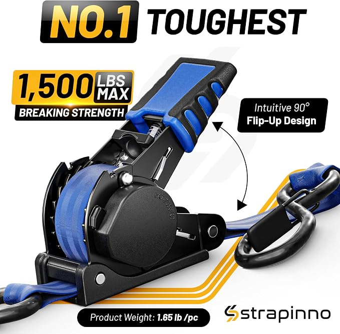 Strapinno Retractable Ratchet Straps (4-Pack), 1 in x 10 ft, 1,500LBS Break Strength, Most Durable Straps and Core, Auto Self Retracting Tie Downs for Truck, Moving, Motorcycle, Bike, Jetski, Kayak