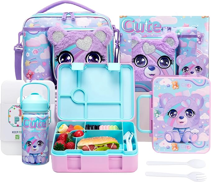 Kids Bento Lunch Box with 6 Compartments Girls Lunch Box with Lunch Bag,Stainless Steel Water Bottle,Ice Pack & Utensils Set,Birthday Gifts for Ages 3-12 Back to School Toddler Girls