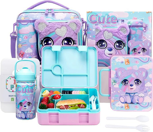 Kids Bento Lunch Box with 6 Compartments Girls Lunch Box with Lunch Bag,Stainless Steel Water Bottle,Ice Pack & Utensils Set,Birthday Gifts for Ages 3-12 Back to School Toddler Girls