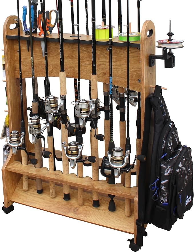 Rush Creek Creations Rolling Rod Holder for 16 Saltwater/Freshwater Fishing Rods, Pole Holder for Garage Organization and Room Storage, Gear and Accessories