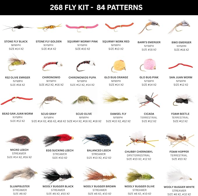 64-268 Piece Fly Fishing Flies Kit | Premium Hand Tied Trout Flies Assortment | Dry Flies, Nymphs, Streamers, Wooly Buggers, Terrestrials | Fly Box, Fly ID Card | Bass, Panfish