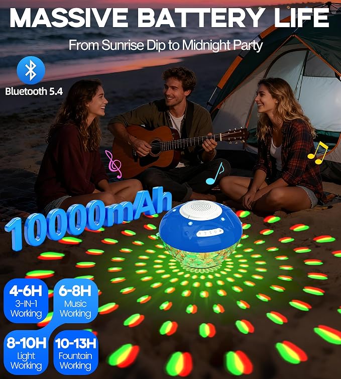 Luxfero 3 in 1 Pool Fountain with Bluetooth Pool Speaker, Floating Pool Fountain with Lights, IP68 Waterproof Hot Tub Speaker Pool Water Fountain Pump, BT5.4, Loud Sound Pool Fountain Speaker-Blue