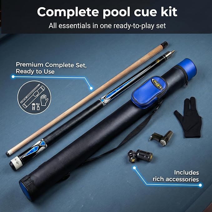 Tai ba cues 2-Piece Pool cue Stick + Hard Case, 13mm Tip, 58", Hardwood Canadian Maple Professional Billiard Pool Cue Stick 18,19,20,21,22 Oz Pool Stick (Selectable)-Blue, Black, Red, Gray, Green