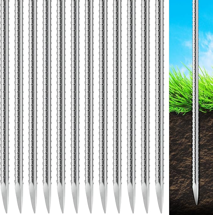 Gisafai 12 Pcs 24 Inch Ground Rebar Stakes Metal Heavy Duty Stakes Ground Landscape Anchors Spike Garden Stake Edging Spikes Plant Support with Chisel Point End for Concrete Timber Garden Tent Camping