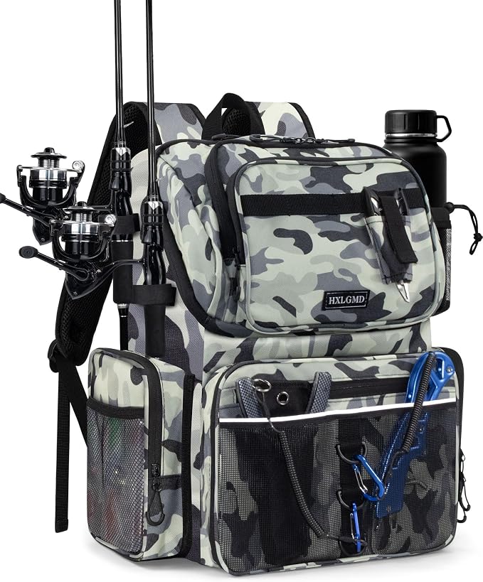 HXLGMD Fishing Backpack with Rod Holders, 43L Large Water Resistant Tackle Bag Storage Gear and Equipment with Cooler for Men Fishing, Camping, Hiking, Grey