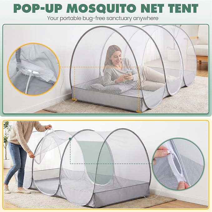 Orzbow Large Mosquito Net | Portable Pop Up Mosquito Tent for Insect, Fly & Bug Protection with Charging Cable Access and Storage Pocket for Bed, Camping, Beach, Travel, Outdoor, 74.8" x 35.4" x 33.4"