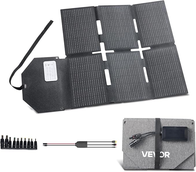 VEVOR 60W Foldable Solar Panel Charger, 16BB N-Type Monocrystalline Solar Panel 24% Efficiency, Lightweight Portable with MC4 Output, Type-C, USB-A & DC Ports for Power Stations Camping Hiking