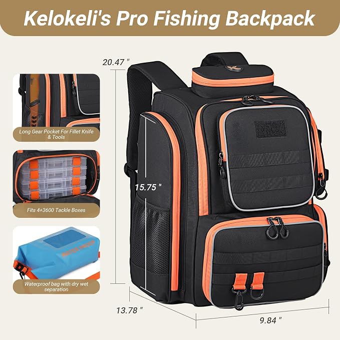 40L Fishing Backpack with Extra Waterproof Storage Bag | 40L split compartment stores tackle boxes & baits; breathable padded straps for all-day fresh/saltwater anglers