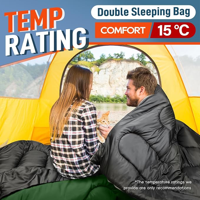 MEREZA Double Sleeping Bag for Adults Mens with Pillow, XL Queen Size Two Person Sleeping Bag for All Season Camping Hiking Backpacking 2 Person Sleeping Bags for Cold Weather & Warm