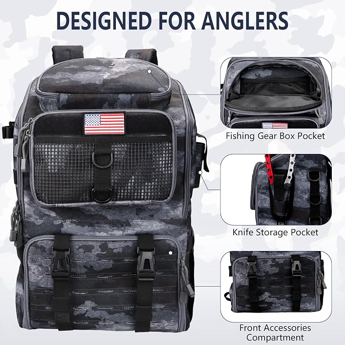 Fishing Backpack with Rod Holders, Ultimate Tackle Box Bakpack for Men, 42L Large Tackle Bag Store Fishing Gear