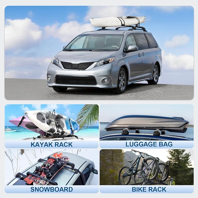 Roof Rack Cross Bars Compatible with Toyota Sienna 2011-2020, 300LBS Heavy Duty Adjustable Aluminum Cargo Bar for Rooftop Carrier, Cross Bars for Luggage, Kayak, Canoe, Bike, Snowboard