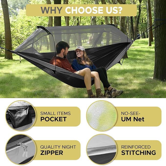 Sunyear Camping Hammock Tent - Portable Hammocks with Mosquito Net (Single/Double, 500lbs Capacity) - Spacious & Anti-Rollover Design with 2 Tree Straps for Hiking, Backpacking, Indoor/Outdoor Use