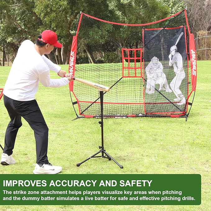 7'X7' Softball Practice Net - Pitching & Batting Net with Baseball Tee, Batter Dummy, Strike Zone & Bow Frame