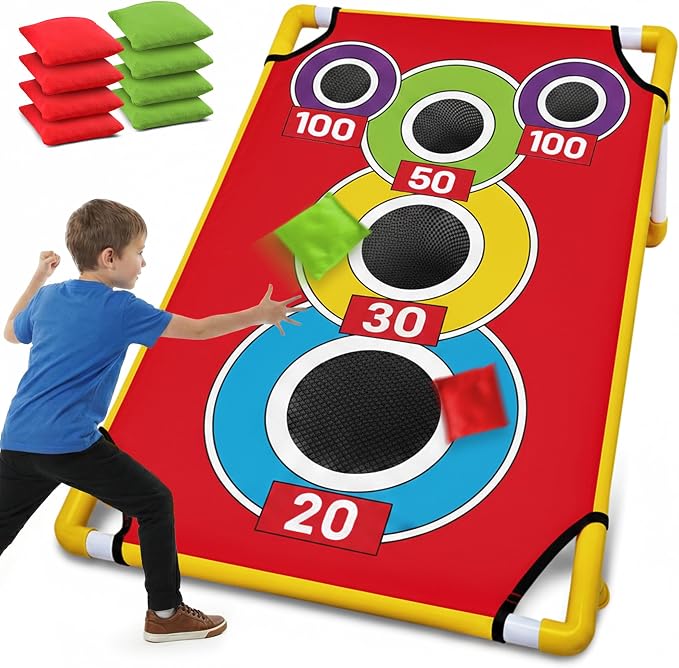 Cornhole Board with 21+ Games, 8 Bean Bags - Arcade Style Corn Hole Games for Adults and Kids, Portable Outdoor Yard Games for Kids & Family, Beach, Camping and Parties, 24x36