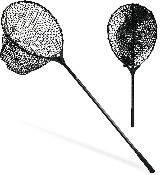 Black Paw Fish Landing Net with Soft Rubber Mesh Bag, Large Fishing Net with Built in Length Scale, Extend to 36-55 Inches