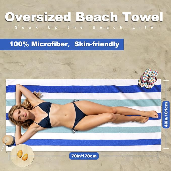 Jessy Home 4 Pack Striped Oversized Beach Towel Set, 40x70 Inch Microfiber Sandproof Quick Dry Super Soft Swim Towels, Absorbent Stylish Pool Towels, Swim Cover Up for Beach Vacation Travel