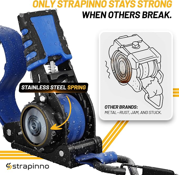 Strapinno Retractable Ratchet Straps (4-Pack), 1 in x 10 ft, 1,500LBS Break Strength, Most Durable Straps and Core, Auto Self Retracting Tie Downs for Truck, Moving, Motorcycle, Bike, Jetski, Kayak