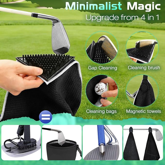 Magnetic Golf Towel with Brush & Cleaning Pocket, 4-in-1 Golf Cleaning Kit 3 Stage Cleaning System Golf Club Cleaning Kit, Microfiber Waffle Golf Accessories 15.7" X 23.6", Black