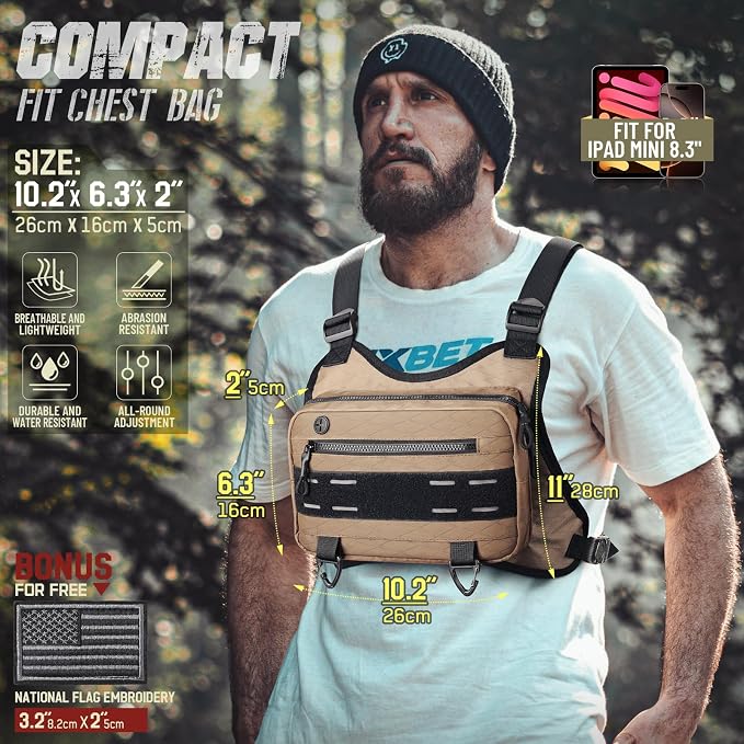 RXW Outdoor Sport Chest Rig for Men Women, Running Vest Bag with Pack Holster, Chest Pack Built in Phone Holder for Cycling, Camping,Travel, Hiking, Workouts, EDC（Brown）