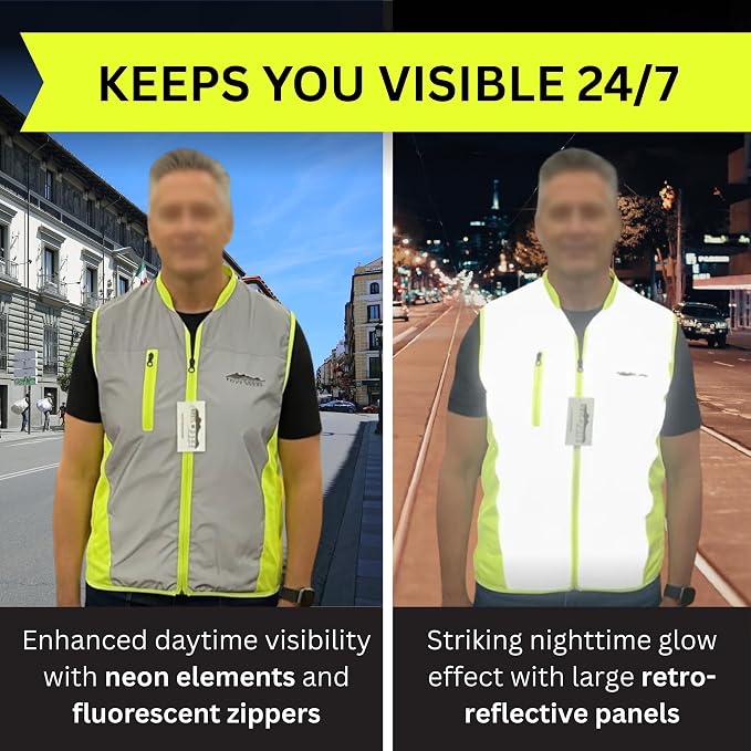 Tailgator Vis-Vest Reflective Running & Cycling Safety Vest, Hi-Vis High Visibility Vest for Men & Women, Neon Green Retro-Reflective Glass Beads, Breathable, YKK Zippers, Pockets, XS - XXXL