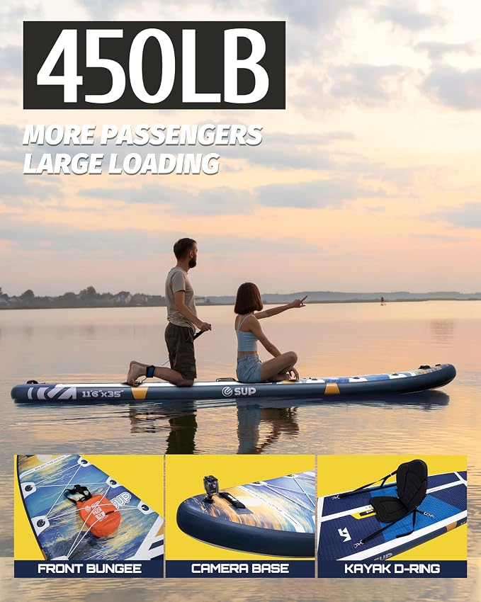 ESUP Extra Wide Inflatable Paddle Board 11’6" ×34/35" ，Super Stable Stand Up Paddleboards for 2 Person/Family/Large Size, Inflatable SUP with Paddle, Pump & Shoulder Strap