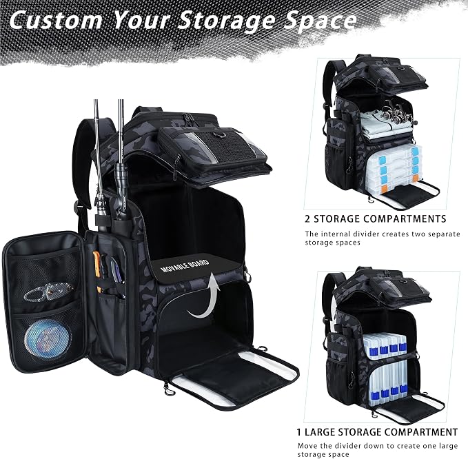 Fishing Backpack with 4 Tackle Boxes, 55L Large Tackle Box Backpack with 4 Rod Holders, Waterproof 900D Tackle Backpacks with Cooler & Clear Gear Windows, Fishing Gifts for Men Women,Camouflage Black