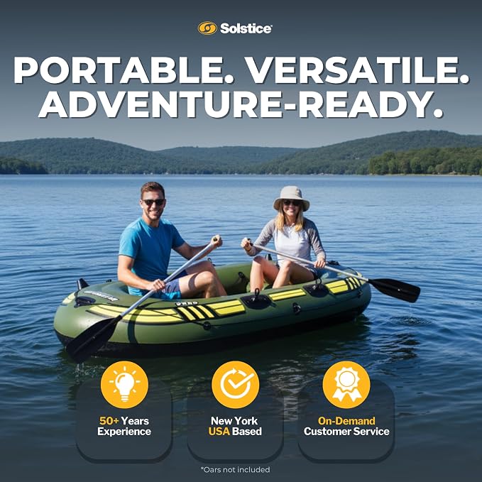 SOLSTICE Inflatable Boat for Lakes, Rivers & Beaches – Heavy-Duty Raft with Swivel Oar Locks, Rod Holders & Inflatable Seats – Outdoorsman, Fishing, 4-Person, Green, 9'