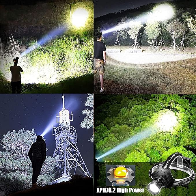Hoxida LED Rechargeable Headlamp 90000 High Lumen, XPH70 Brightest LED Work Headlight Zoomable, Waterproof, 90° Adjustable, 5 Modes Lightweight Head Lamp for Adult Camping, Hard Hat, Hunting