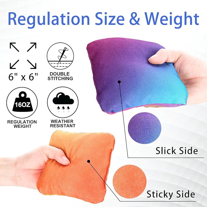EunHo Double Sided Set of 8 Cornhole Bags Regulation Size & Weight Sticky and Slick Professional Corn Hole Bean Bags Multicolored