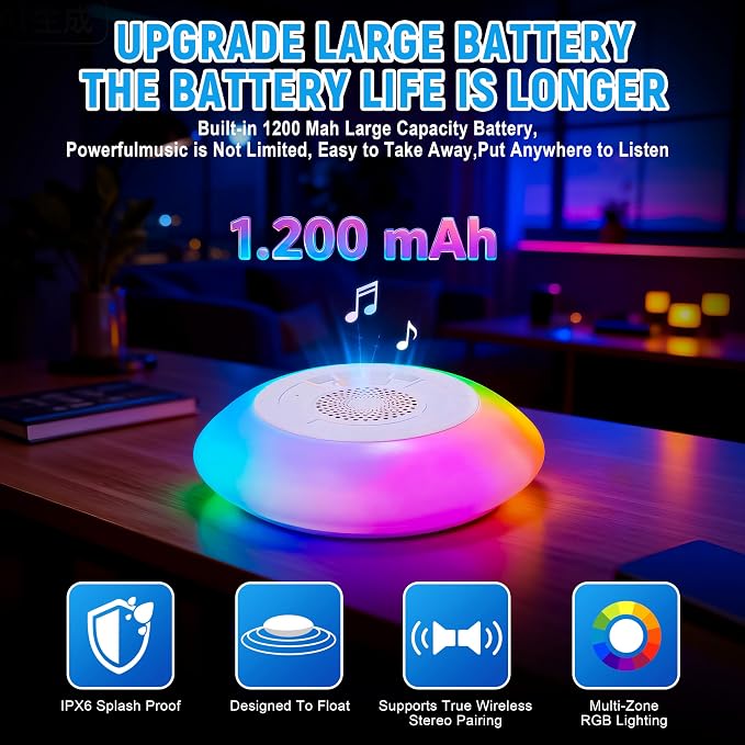 Floating Pool Speaker with Colorful Lights, IP68 Waterproof, Wireless Bluetooth, Built-in Mic, Surround Sound, for Outdoor Use and Hot Tubs (White)