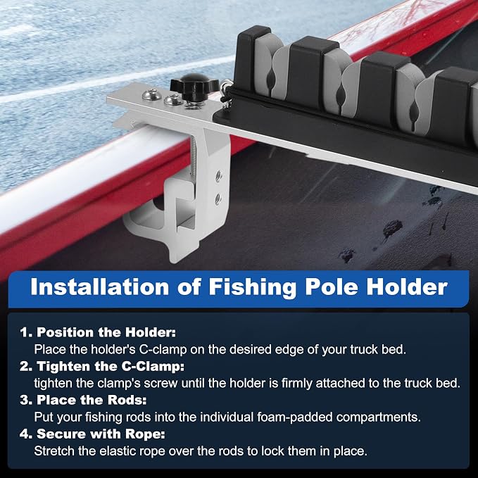 2x Aluminum Fishing Rod Holder for Truck Bed, 4 Rods Capacity, Stable C-Clamp Mount, Fishing Pole Storage Rack Holder for Truck Pickup Boat, Horizontally or Vertically Place