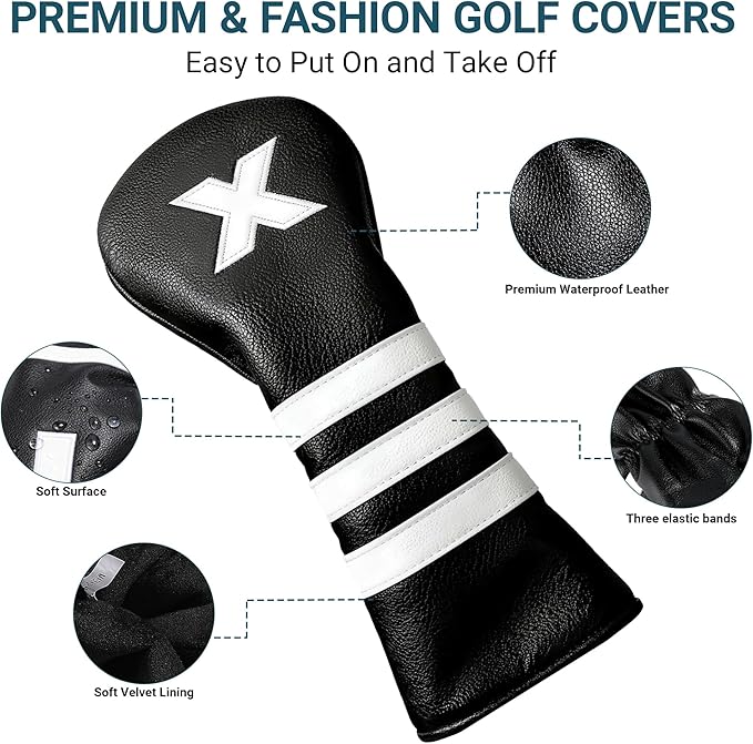 Golf Club Covers Set for Woods & Irons | Waterproof Magnetic Golf Iron Covers | Driver Wood Headcover | Durable Leather Protectors with Double-Sided Embroidery
