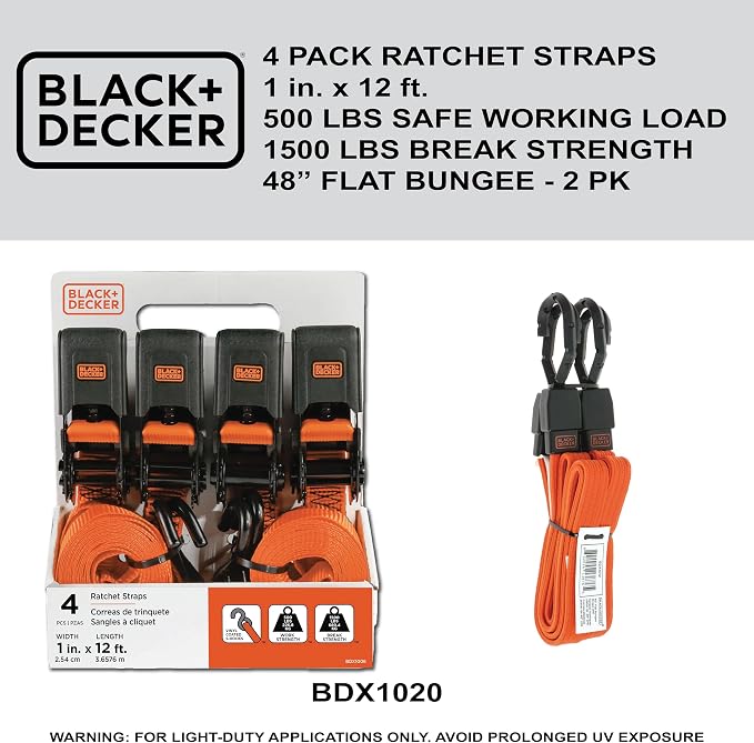 BLACK+DECKER 6-Piece Light-Duty Ratchet Tie-Down and Bungee Strap Kit | 1" x 12' Light-Duty Ratchet Straps, 1,500 lbs Break Strength, 48" Flat Bungee Straps, Kit for Securing Lightweight Cargo