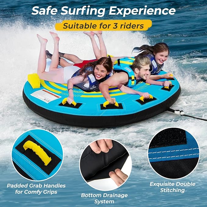 GYMAX Towable Tube for Boating, 2/3 Riders Inflatable Boat Tube for Water Sports to Pull with Padded Grip, Dual Tow Points, Full 900D Nylon Cover & Drainage System for River, Lake, Sea
