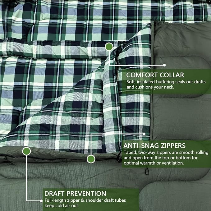 0 Degree Double Sleeping Bag for Adults Queen Size 2 Person Sleeping Bag for Cold Weather with Compression Sack for Car Camping, Hunting and Tent Camp