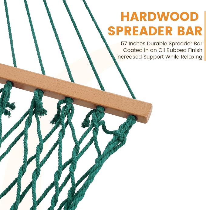 Lazy Daze Hammocks 12FT Double Rope Hammocks, 2 Person Hand Woven Cotton Hammock with Spreader Bar for Outside, Patio, Poolside, FIT 13-15 FT Stand, Max 450 Lbs, Green, 141 x 57 inches