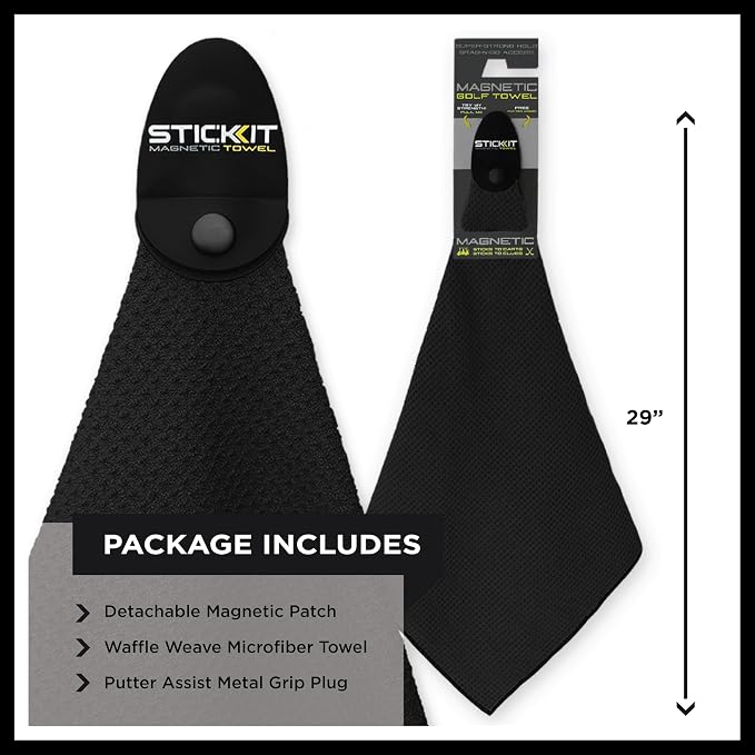 STICKIT Magnetic Golf Towel - Ultra-Absorbent Waffle Weave Microfiber & Removable Magnet - Golf Towel with Magnet for Bags, Clubs & Carts - Removes Dirt, Grass, & Debris from Club Face - 29” x 29”