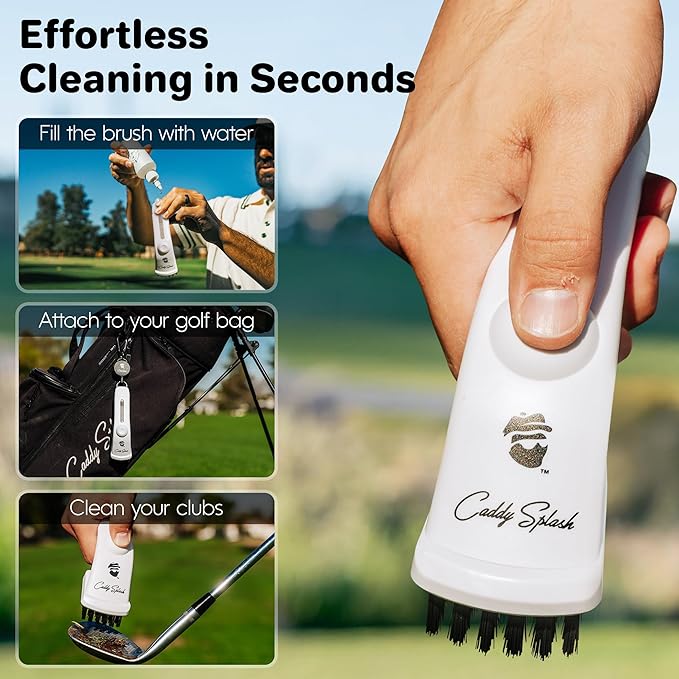 Caddy Splash Golf Club Brush Pro with Water – Heavy Duty Retractable Clip – Push Button for Easy Cleaning – Nylon Bristles – Holds 4 Oz – Golf Accessories for Men – Best Golf Gift – USA Company