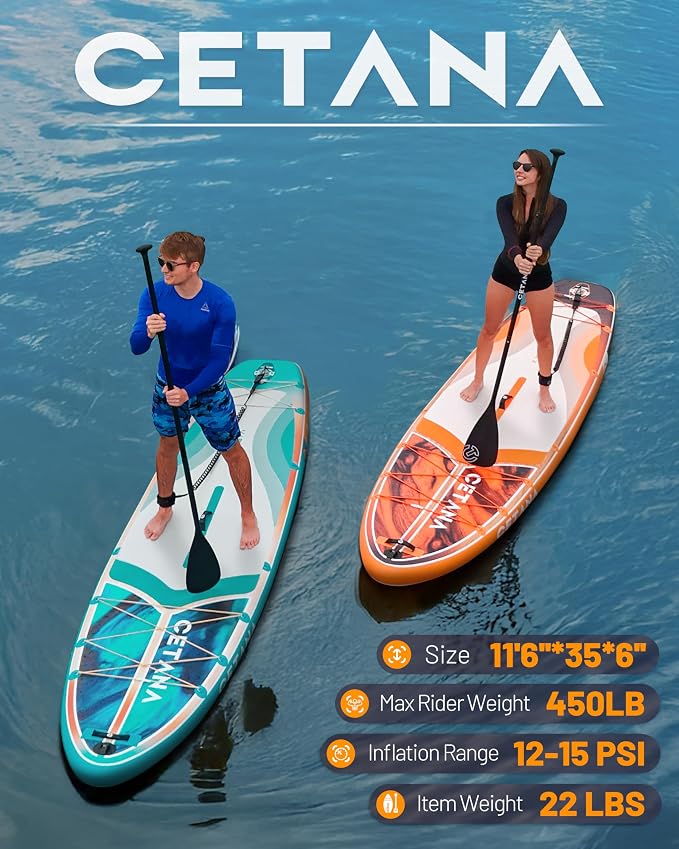 CETANA Extra Wide Inflatable Paddle Board 11'6 x 35" x 6", 450LB High Weight Capacity Wide Stable Stand Up Paddle Board for Beginners, 2–3 Person Large Paddleboard with 3 Fins, Dual Bungee, 15 D Rings