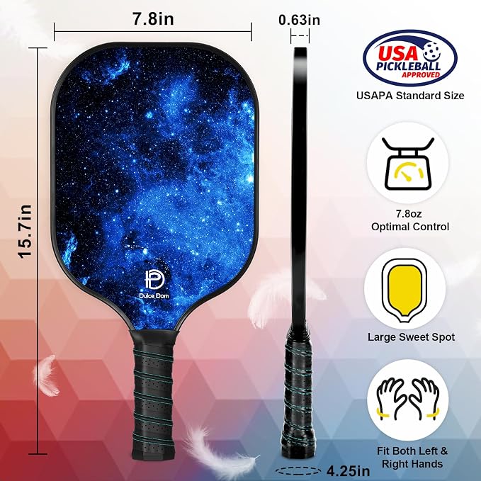 Dulce DOM Pickleball Paddles Set of 2/4 - USAPA Approved, 4 Indoor Outdoor Pickleball Balls, Fiberglass Surface Paddle Racket with Cover Bag, Ideal Training Equipment Gift for Men & Women