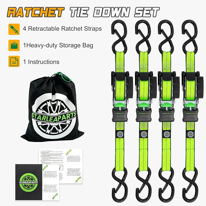 STARLEAPARTS Retractable Ratchet Straps(4PK 1.0INX12FT) - 1,500lb Break Strength, Ratchet Strap Heavy Duty with Rubber Coated Handle, Perfect Auto Ratchet Straps for Motorcycle, Kayak and Trucks