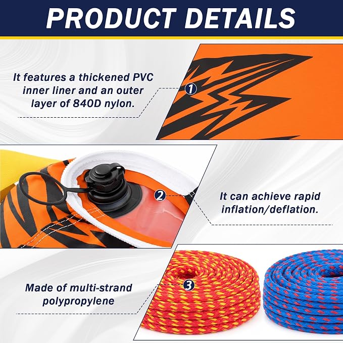 Silipull Towable Booster Ball with 60 ft Tow Rope, 4100 lb Break Strength, Inflatable Towable Tube Ball with Rope Float for Boating, Water Sports, Tubing & Speedboats, Orange