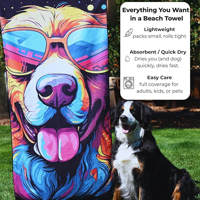 Microfiber Funny Happy Dog in Sunglasses Colorful Beach Towel for Women, Girls, Kids, Men, Plush Beach Towel, Quick Dry Pool Towel Super Soft, Oversized 31x62 Inches
