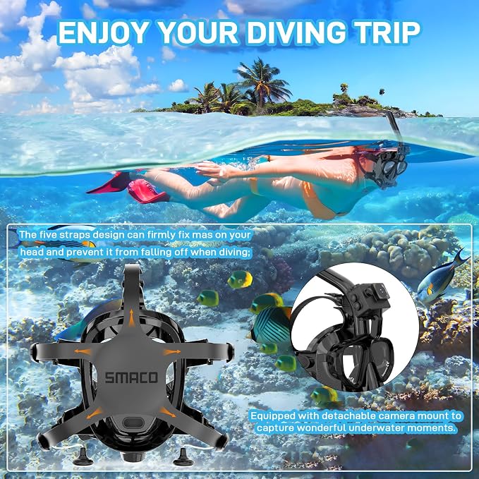 Full Face Dive Mask Support Diving & Snorkeling, Full Face Snorkel Mask Adjustable Scuba Mask with Camera Mount Provide 180° View Panoramic Compatiable with SMACO 1L/1.9L Mini Scuba Tanks