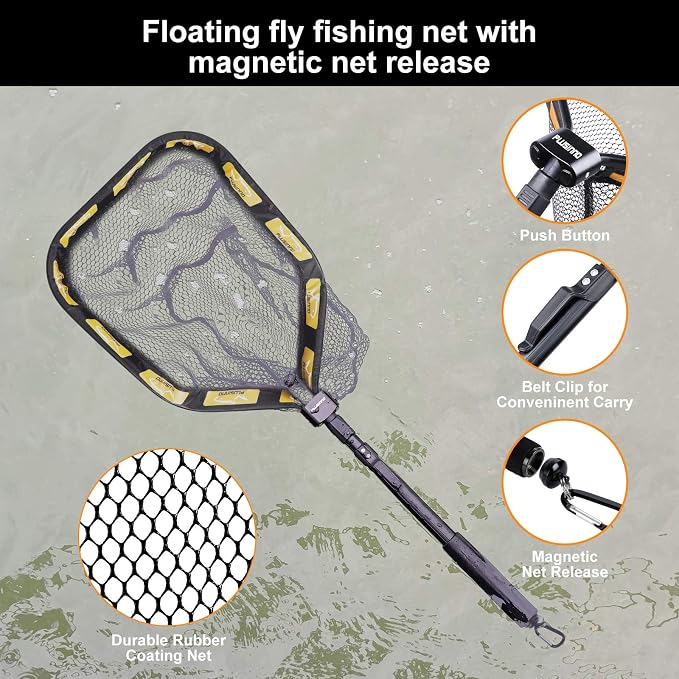 PLUSINNO Floating Fishing Net for Steelhead, Salmon, Fly, Kayak, Catfish, Bass, Trout Fishing, Rubber Coated Foldable Landing Net with Fixed or Telescoping Pole Handle, Fishing Gear and Gifts for Men