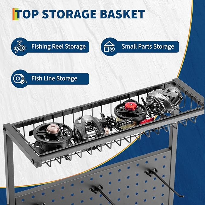 Fishing Rod Holders for Garage, Fishing Pole Holders Up to 12 Rods with Pegboard and Hooks, Rolling Fishing Cart with Wheels, Fishing Gear Storage For Tackle Box & Reel Organization
