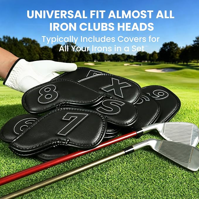 Strong Magnetic Golf Iron & Wedge Headcovers Value 10 Pack, Black Durable PU Leather with Embroidered Numbers for Easy Identify, Premium Covers with Effective Protection for Club